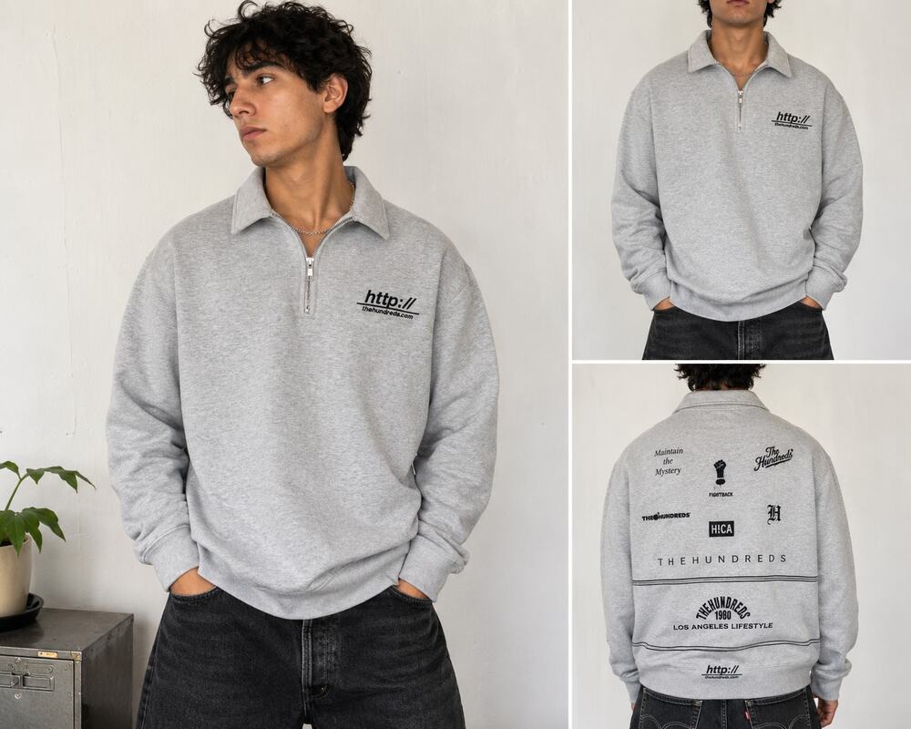 The Hundreds Quarter Zip Pullover Sweatshirt Gray Logo Graphic Men's Large L